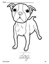 Free printable dog coloring page and cursive word tracing worksheet, perfect for preschool, pre-k, and kindergarten, PDF