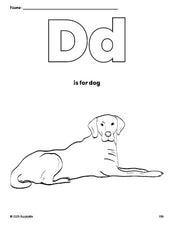 Free printable dog coloring page, letter d coloring page for preschool, pre-k, and kindergarten, PDF