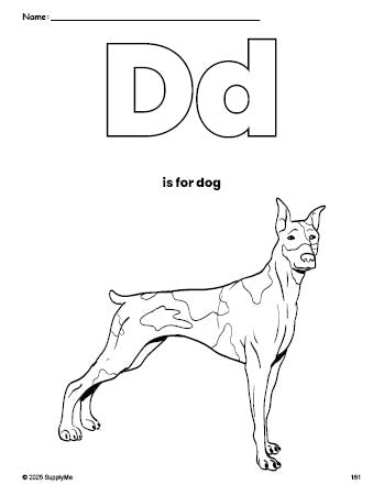 Free printable dog coloring page, letter d coloring page for preschool, pre-k, and kindergarten, PDF