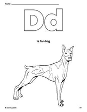 Free printable dog coloring page, letter d coloring page for preschool, pre-k, and kindergarten, PDF