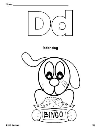 Free printable dog coloring page, letter d coloring page for preschool, pre-k, and kindergarten, PDF