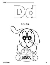 Free printable dog coloring page, letter d coloring page for preschool, pre-k, and kindergarten, PDF