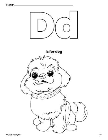 Free printable dog coloring page, letter d coloring page for preschool, pre-k, and kindergarten, PDF