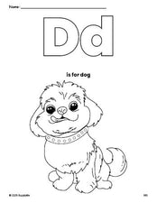 Free printable dog coloring page, letter d coloring page for preschool, pre-k, and kindergarten, PDF