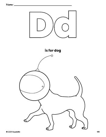 Free printable dog coloring page, letter d coloring page for preschool, pre-k, and kindergarten, PDF