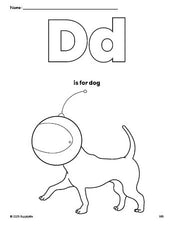 Free printable dog coloring page, letter d coloring page for preschool, pre-k, and kindergarten, PDF