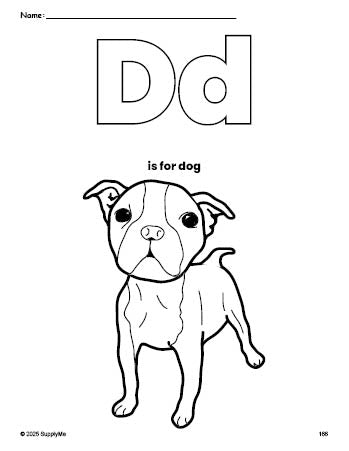 Free printable dog coloring page, letter d coloring page for preschool, pre-k, and kindergarten, PDF