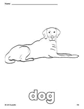 Free printable dog coloring page for preschool, pre-k, and kindergarten, PDF