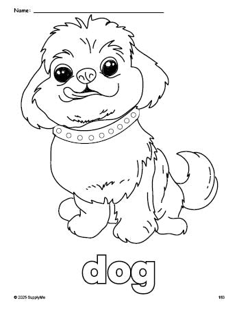 Free printable dog coloring page for preschool, pre-k, and kindergarten, PDF