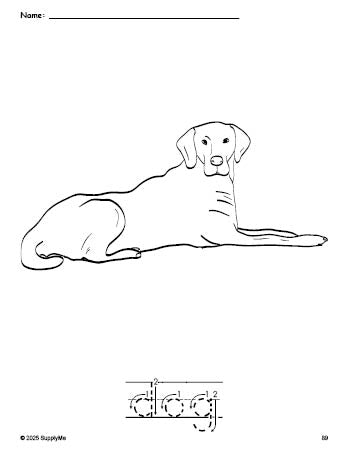 Free printable dog coloring page and word tracing worksheet, letter formation guides, perfect for preschool, pre-k, and kindergarten, PDF