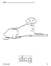 Free printable dog coloring page and word tracing worksheet, letter formation guides, perfect for preschool, pre-k, and kindergarten, PDF