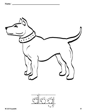 Free printable dog coloring page and word tracing worksheet, letter formation guides, perfect for preschool, pre-k, and kindergarten, PDF