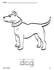 Free printable dog coloring page and word tracing worksheet, letter formation guides, perfect for preschool, pre-k, and kindergarten, PDF