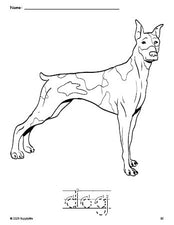 Free printable dog coloring page and word tracing worksheet, letter formation guides, perfect for preschool, pre-k, and kindergarten, PDF