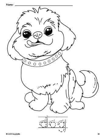 Free printable dog coloring page and word tracing worksheet, letter formation guides, perfect for preschool, pre-k, and kindergarten, PDF