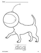 Free printable dog coloring page and word tracing worksheet, letter formation guides, perfect for preschool, pre-k, and kindergarten, PDF