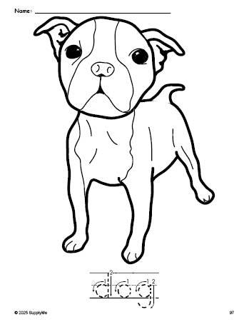 Free printable dog coloring page and word tracing worksheet, letter formation guides, perfect for preschool, pre-k, and kindergarten, PDF