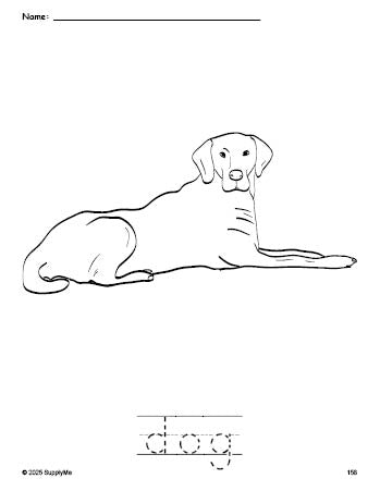 Free printable dog coloring page and word tracing worksheet, perfect for preschool, pre-k, and kindergarten, PDF