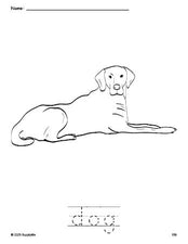 Free printable dog coloring page and word tracing worksheet, perfect for preschool, pre-k, and kindergarten, PDF