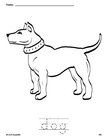 Free printable dog coloring page and word tracing worksheet, perfect for preschool, pre-k, and kindergarten, PDF