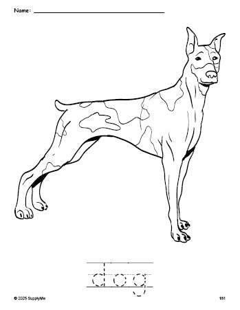 Free printable dog coloring page and word tracing worksheet, perfect for preschool, pre-k, and kindergarten, PDF