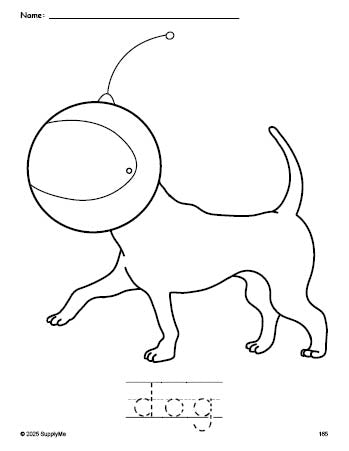 Free printable dog coloring page and word tracing worksheet, perfect for preschool, pre-k, and kindergarten, PDF