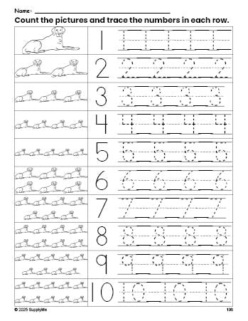 Free printable dog counting worksheet for preschool and pre-k with number tracing practice 1-10, PDF