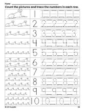 Free printable dog counting worksheet for preschool and pre-k with number tracing practice 1-10, PDF