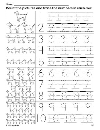 Free printable dog counting worksheet for preschool and pre-k with number tracing practice 1-10, PDF