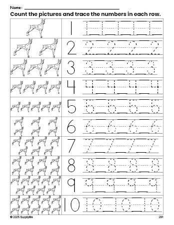 Free printable dog counting worksheet for preschool and pre-k with number tracing practice 1-10, PDF