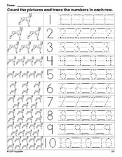 Free printable dog counting worksheet for preschool and pre-k with number tracing practice 1-10, PDF