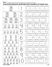 Free printable dog counting worksheet for preschool and pre-k with number tracing practice 1-10, PDF