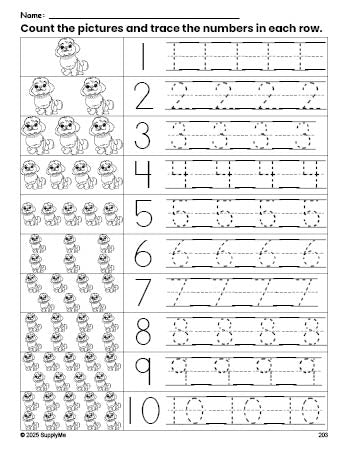 Free printable dog counting worksheet for preschool and pre-k with number tracing practice 1-10, PDF