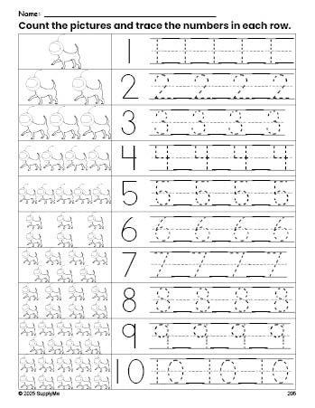 Free printable dog counting worksheet for preschool and pre-k with number tracing practice 1-10, PDF