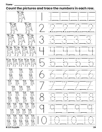 Free printable dog counting worksheet for preschool and pre-k with number tracing practice 1-10, PDF