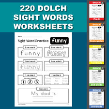 Dolch Sight Words Worksheets, Sight Word Practice Bundle, Includes All 220 Dolch Sight Words, Grades PreK-3, 220 Pages