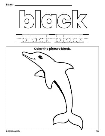 Free dolphin color black coloring page and color worksheet, black worksheet for preschoolers to learn colors, printable PDF