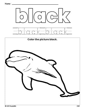 Free dolphin color black coloring page and color worksheet, black worksheet for preschoolers to learn colors, printable PDF