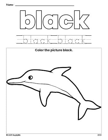 Free dolphin color black coloring page and color worksheet, black worksheet for preschoolers to learn colors, printable PDF