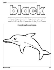 Free dolphin color black coloring page and color worksheet, black worksheet for preschoolers to learn colors, printable PDF