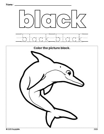 Free dolphin color black coloring page and color worksheet, black worksheet for preschoolers to learn colors, printable PDF