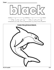 Free dolphin color black coloring page and color worksheet, black worksheet for preschoolers to learn colors, printable PDF