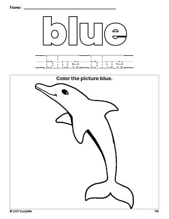 Free dolphin color blue coloring page and color worksheet, blue worksheet for preschoolers to learn colors, printable PDF