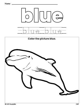 Free dolphin color blue coloring page and color worksheet, blue worksheet for preschoolers to learn colors, printable PDF