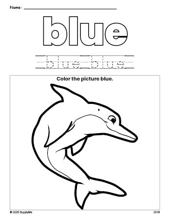 Free dolphin color blue coloring page and color worksheet, blue worksheet for preschoolers to learn colors, printable PDF