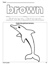 Free dolphin color brown coloring page and color worksheet, brown worksheet for preschoolers to learn colors, printable PDF