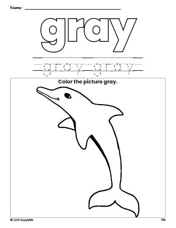 Free dolphin color gray coloring page and color worksheet, gray worksheet for preschoolers to learn colors, printable PDF