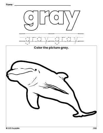 Free dolphin color gray coloring page and color worksheet, gray worksheet for preschoolers to learn colors, printable PDF