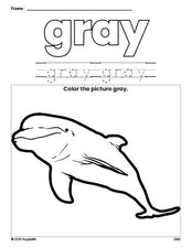 Free dolphin color gray coloring page and color worksheet, gray worksheet for preschoolers to learn colors, printable PDF