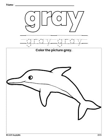 Free dolphin color gray coloring page and color worksheet, gray worksheet for preschoolers to learn colors, printable PDF